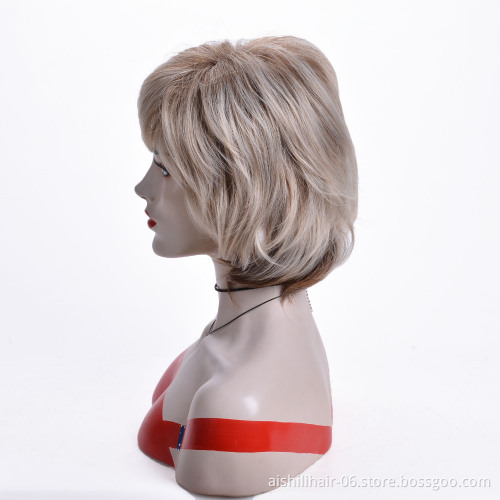 Aishili cheap short gray blonde with brown bob hair wigs straight wigs synthetic hair wigs for women